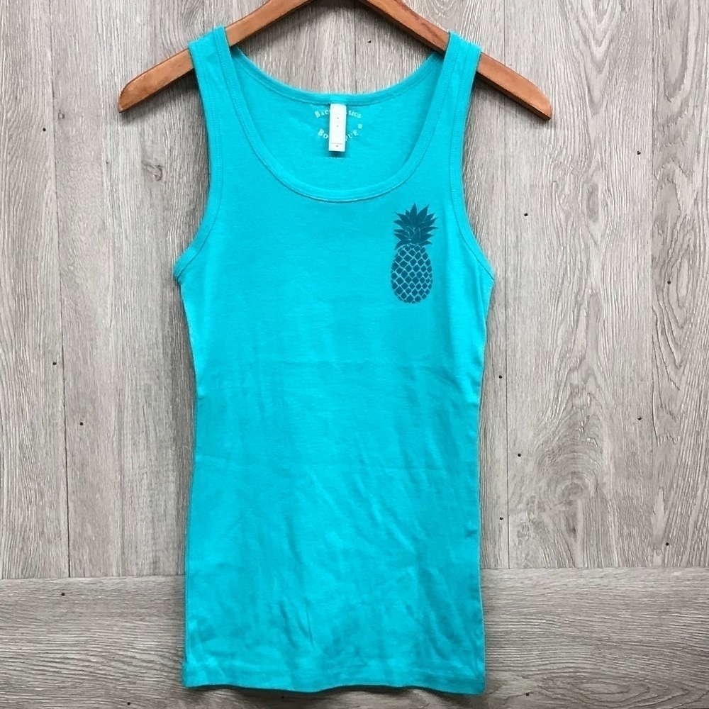 Teal Fitted Tank Top With Green Pineapple BB323